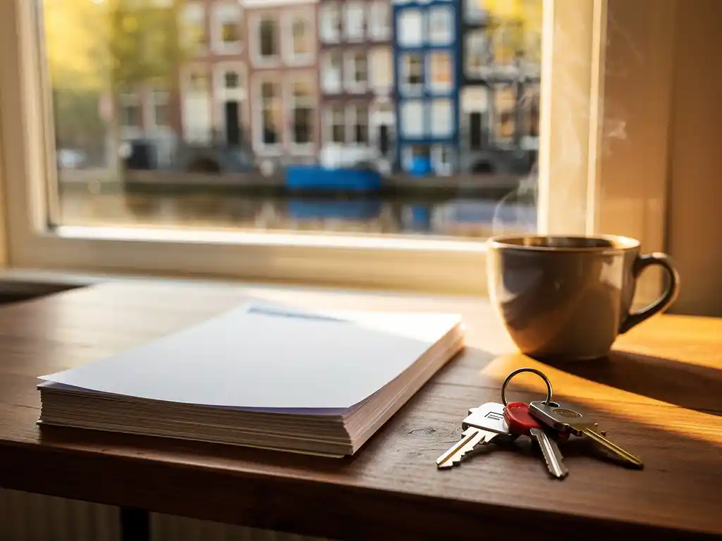 Houten bureau met Nederlandse woningdocumenten, appartementsleutels en koffiekop, met Amsterdamse grachtenhuizen op achtergrond