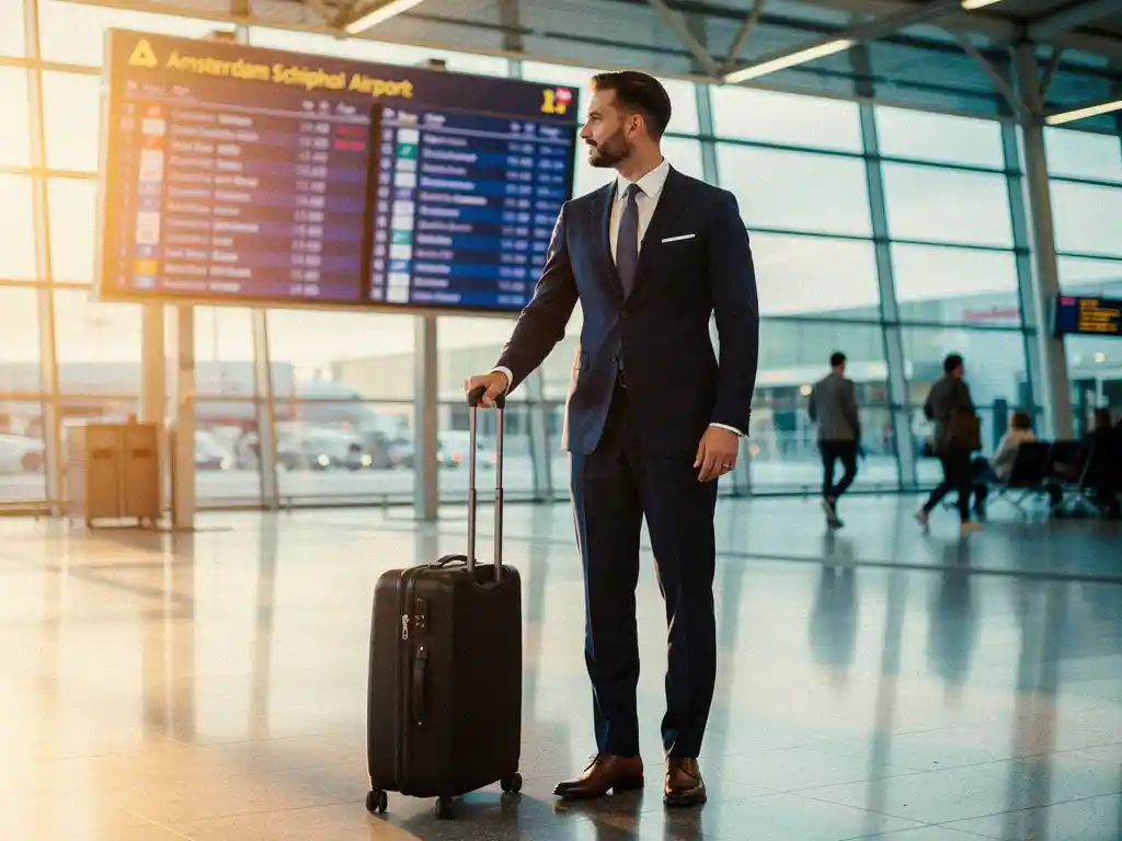 Zakenman in marineblauw pak met koffer bij vertrekgate Amsterdam Schiphol, kijkend naar bestemmingenbord