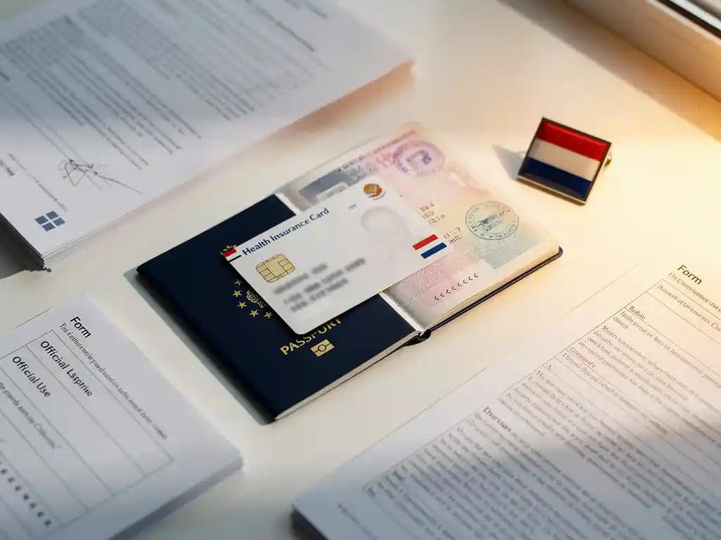 Nederlandse zorgverzekeringskaart op open Europees paspoort met visumstempels, omringd door officiële documenten en Nederlandse vlag