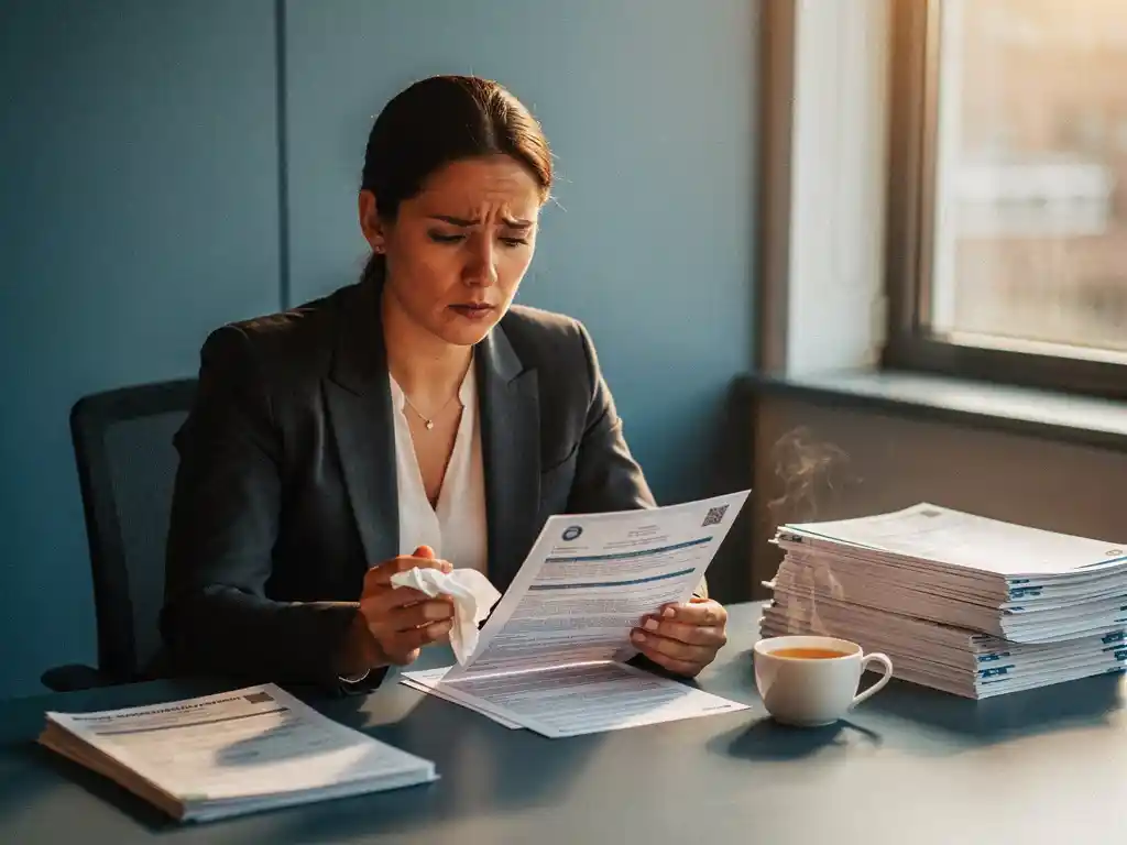 Bezorgde internationale professional met zakdoek bestudeert Nederlandse documenten aan bureau met arbeidscontracten en zorgverzekeringspapieren
