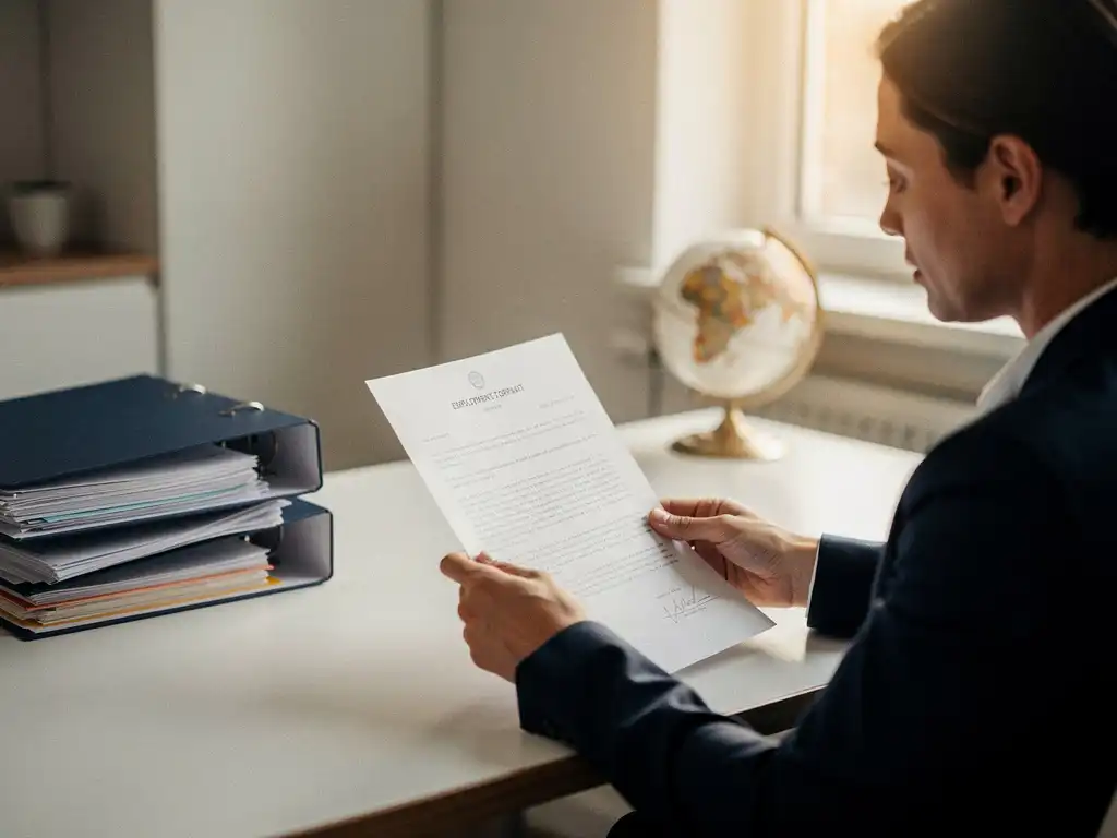 HR-manager bestudeert arbeidscontract aan modern bureau met globe en mappen op de achtergrond.