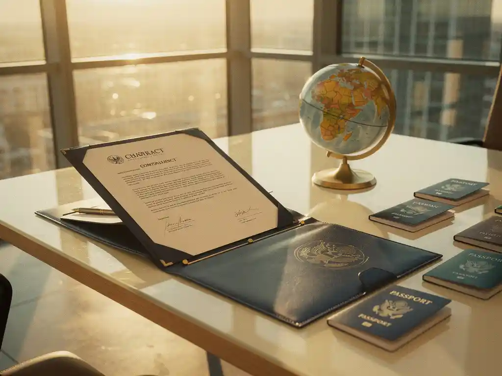 Open arbeidscontract op modern Nederlands bureau met paspoorten en wereldbol in warm middaglicht.