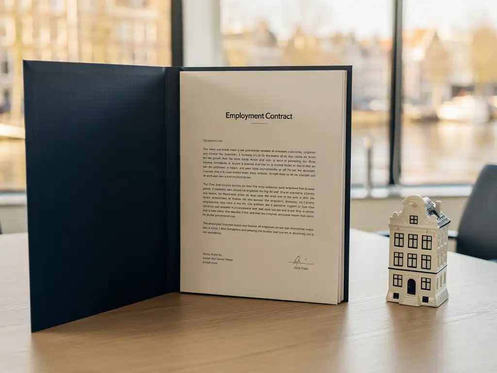 Open arbeidscontract op modern Nederlands kantoorbureau met grachtenpandje beeldje en warm natuurlijk licht.