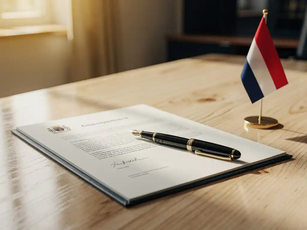 Arbeidscontract op een overheidsbureau met een vulpen, klein Nederlands vlaggetje en warm natuurlijk licht.