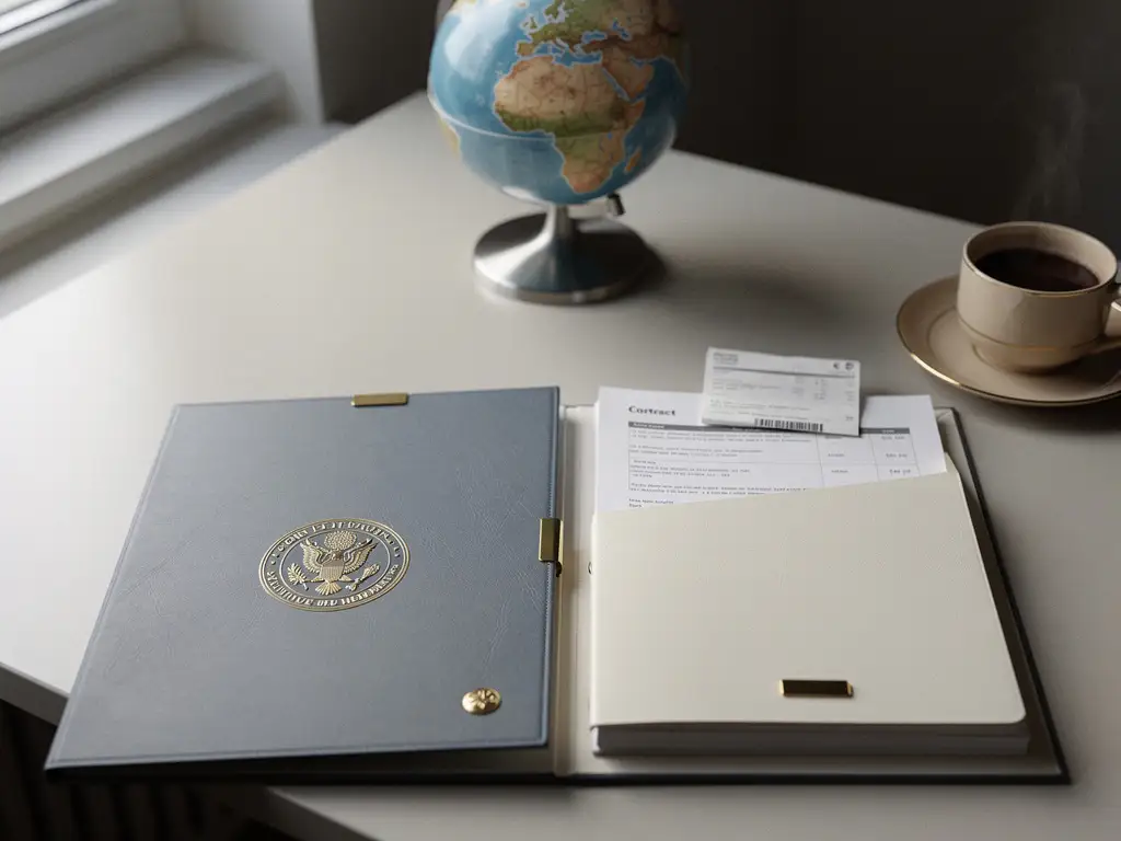 Twee werknemerscontractmappen op modern bureau, één met officieel zegel en één met loonstrook, globe en koffiekopje op de achtergrond.