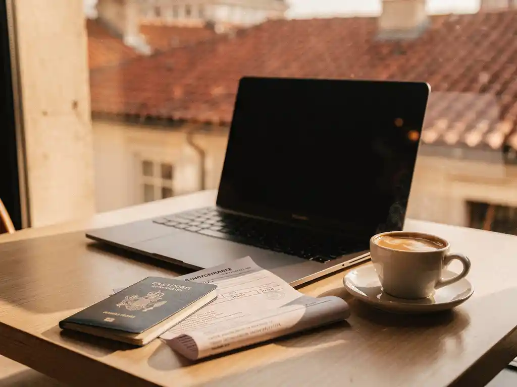 Laptop op een zonnig cafétafel in het buitenland met paspoort en Nederlands belastingdocument, espresso en terracottadaken op de achtergrond.