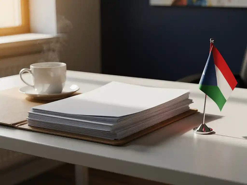 Open belastingmap op modern kantoorbureau met internationale vlaggenpin en koffiekop in warm licht.