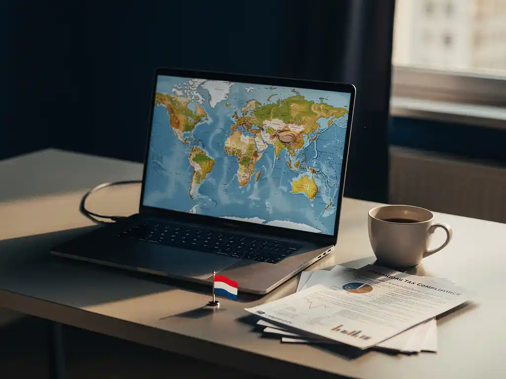 Laptop met wereldkaart op minimalistisch bureau naast internationale belastingdocumenten en koffiekopje in zacht ochtendlicht.