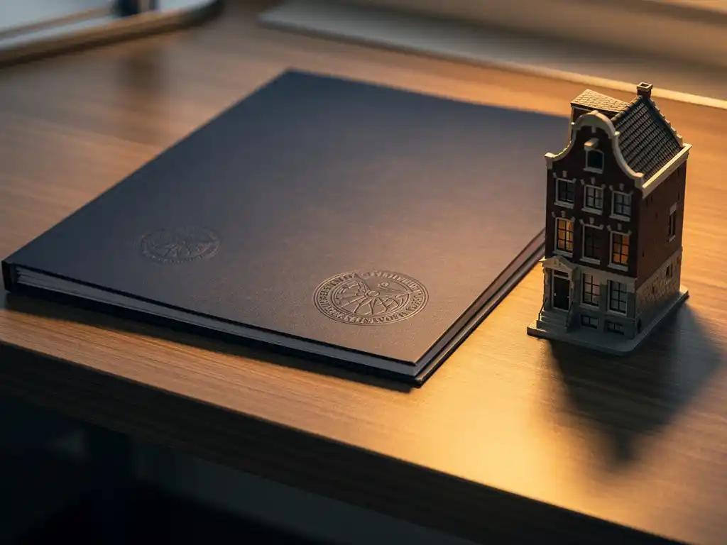 Officiële Nederlandse documentenmap met zegels op modern bureau, naast miniatuur grachtenpand in warm kantoorlicht.