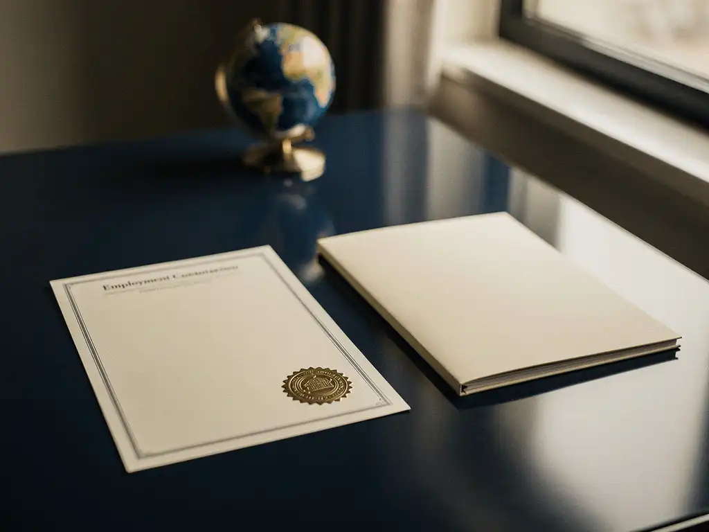 Officieel oprichtingsdocument met bedrijfszegel naast arbeidsovereenkomst op modern bureau, globe op achtergrond.