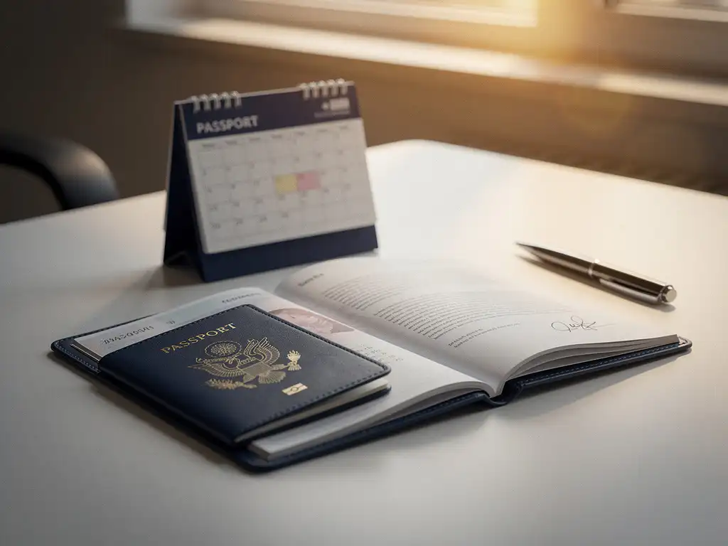 Paspoort en ondertekend arbeidscontract op modern bureau met kalender, pen en warm natuurlijk licht.