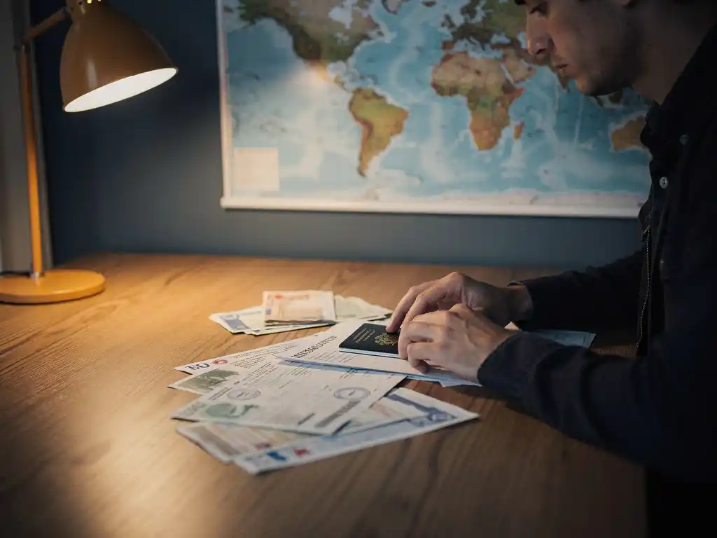 Persoon aan houten bureau met paspoort en internationale documenten, wereldkaart aan muur, warm amberkleurig bureaulampje.