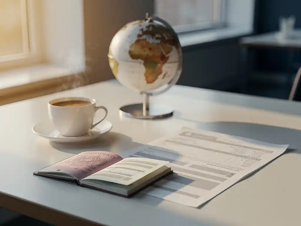 Openliggend internationaal paspoort naast salarisstrook en kleine wereldbol op modern bureau, warm ochtendlicht.