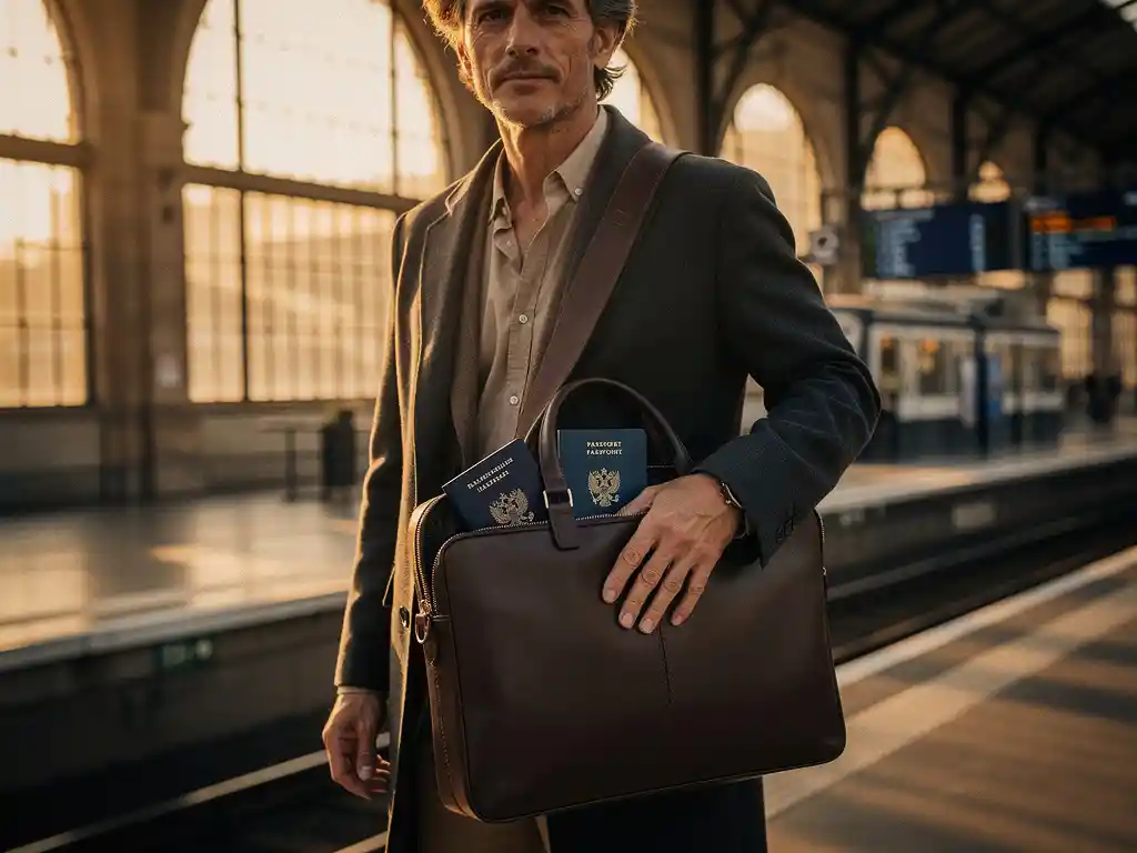Professional met leren laptoptas op zonnig Europees treinstation, Nederlands en EU-paspoort zichtbaar in tas, gouden ochtendlicht.