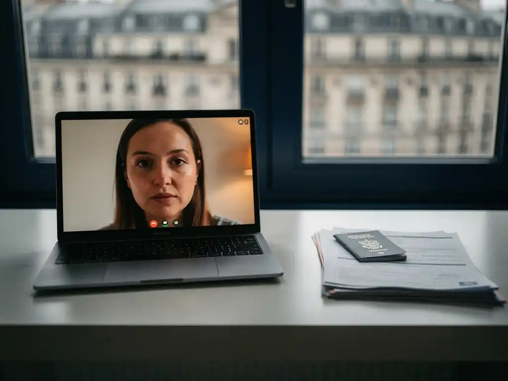 Laptop met videogesprek op thuiswerkplek, buitenlands paspoort en officiële documenten ernaast, Europese stad zichtbaar door raam.