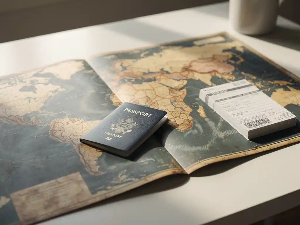 Verouderde wereldkaart op modern bureau met paspoort over twee landen en belastingdocumenten in zacht ochtendlicht.