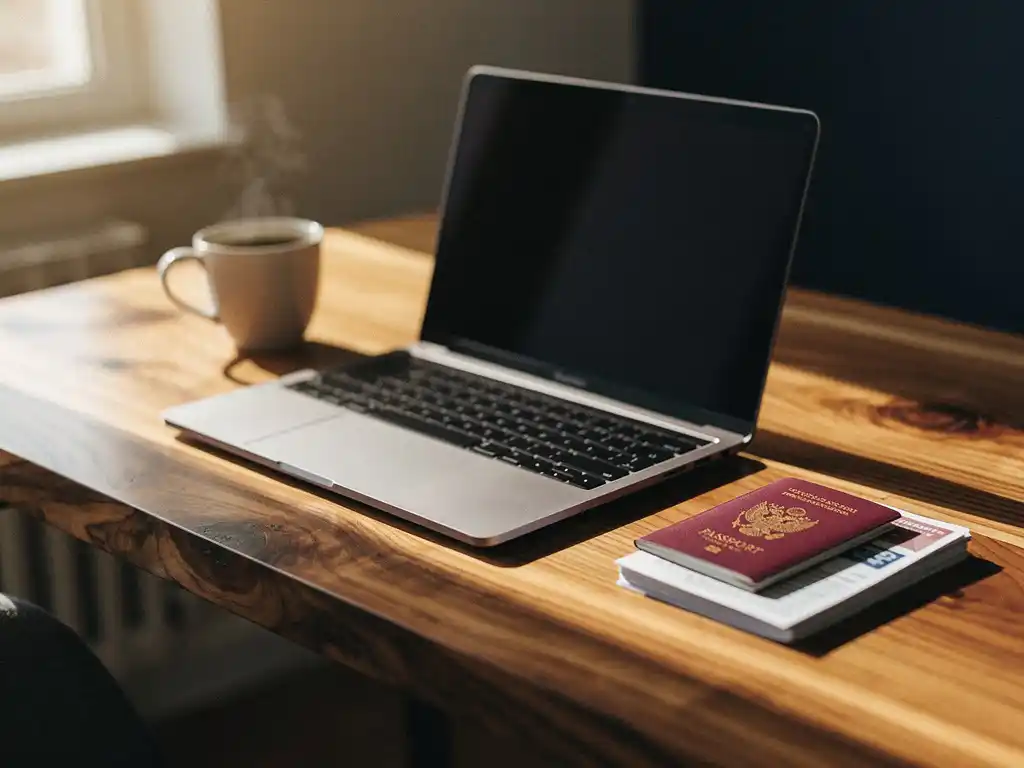 Laptop op houten bureau naast buitenlands paspoort en werkvergunning, zacht middaglicht, rustige thuiskantooromgeving.
