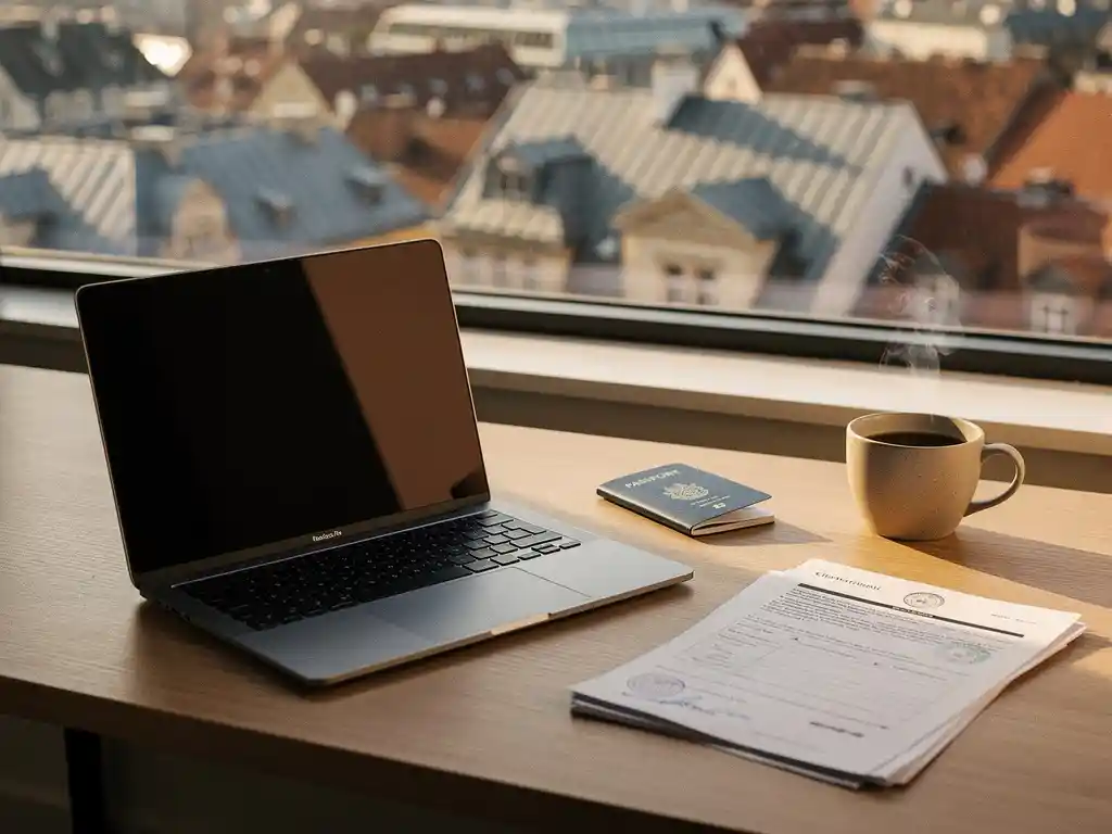 Laptop en paspoort op minimalistisch bureau met officiële documenten en koffie, zacht ochtendlicht door raam met uitzicht op daken.