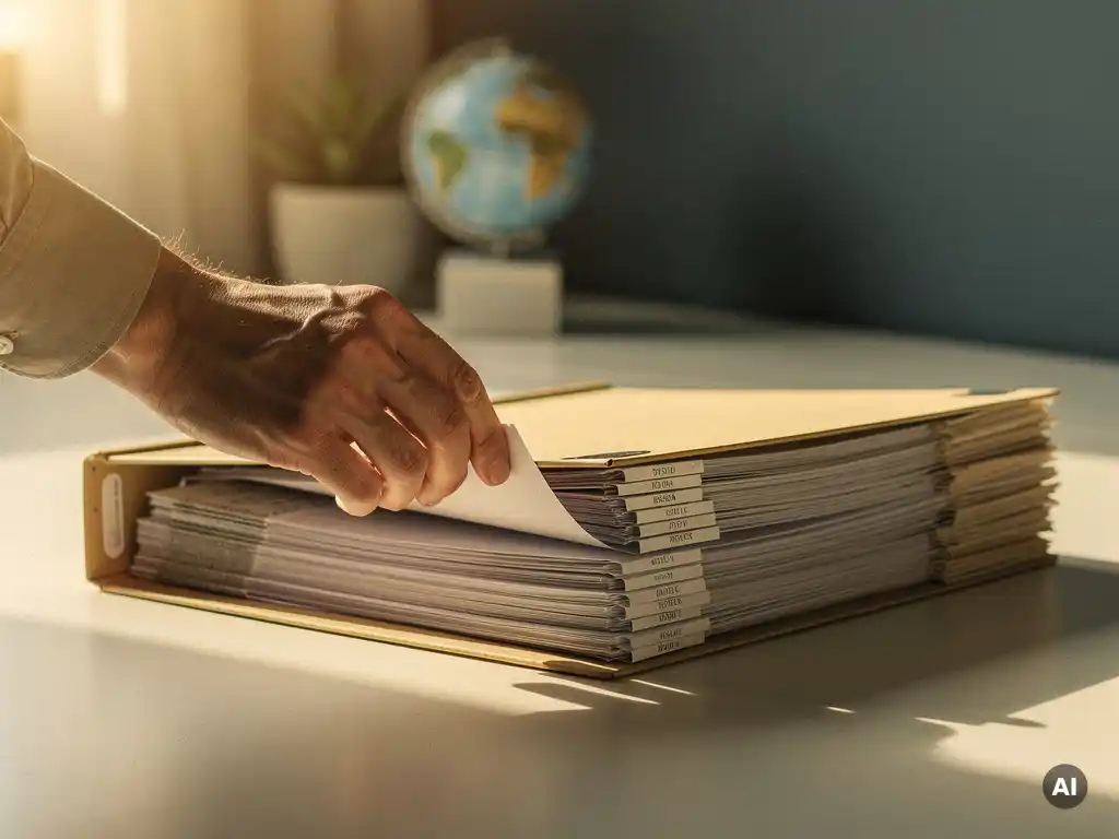 Professional haalt één document uit een geordende map op modern bureau, met globe en plant op de achtergrond.