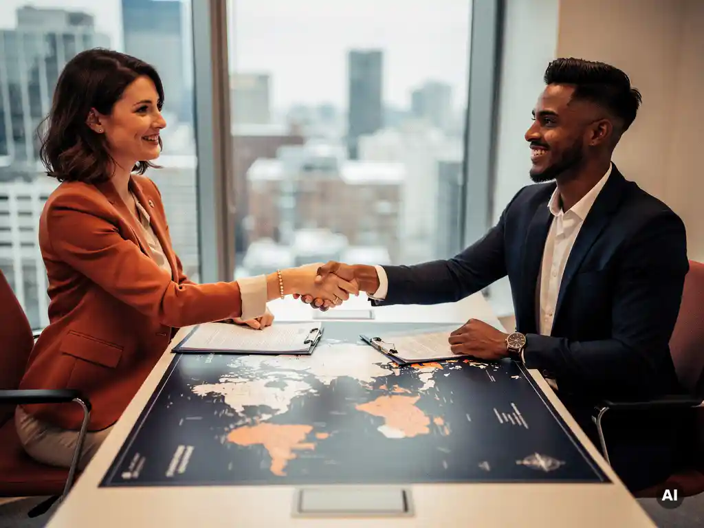 HR-professional en internationale medewerker schudden handen bij onboarding, met wereldkaart en documenten op modern kantoorbureau.