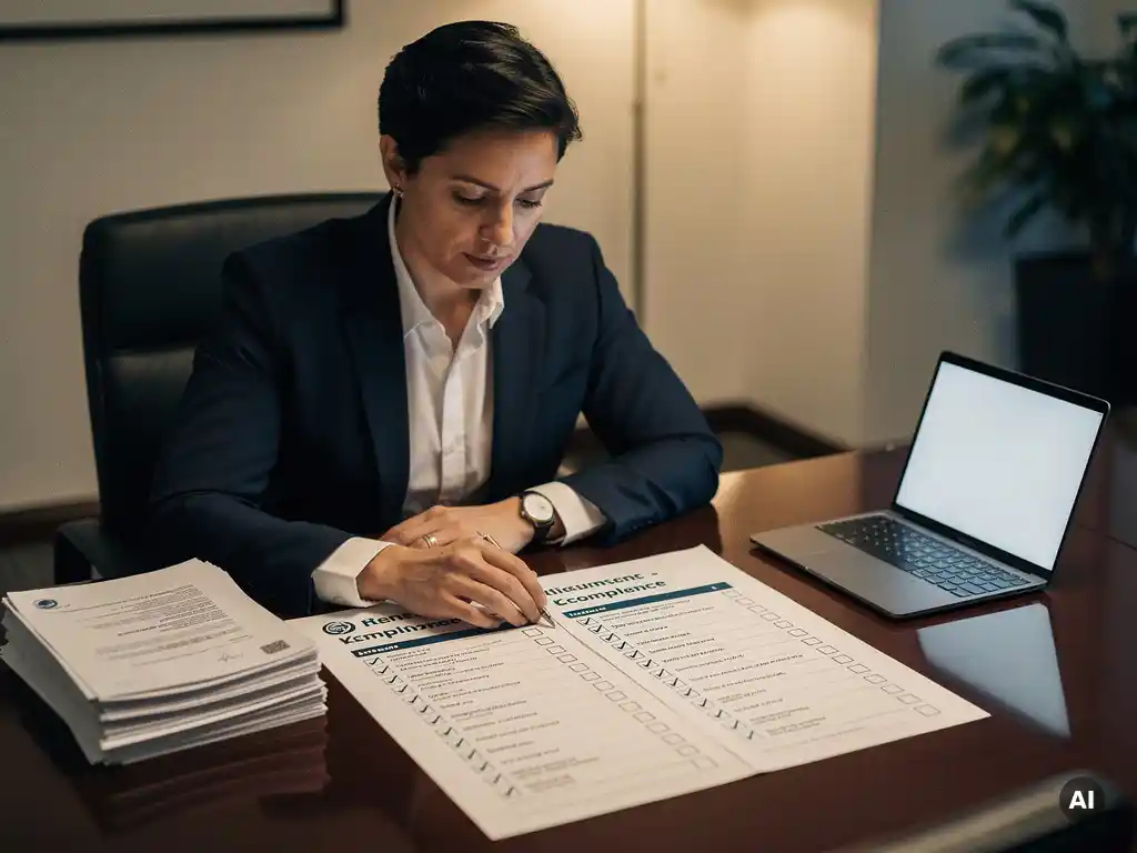 HR-professional vergelijkt nalevingschecklist voor internationale arbeidscontracten op vergadertafel met laptop in professionele kantooromgeving.