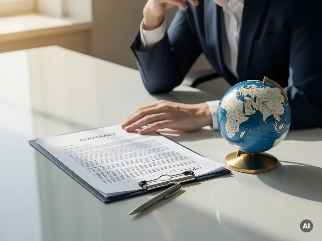 Professional buigt zich over een meerpagina contract aan een vergadertafel, met een kleine wereldbol en pen, in een zakelijk kantoor.