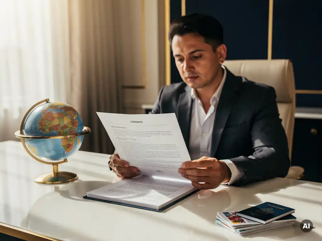 Professional die een juridisch contract bestudeert aan een bureau met globe en paspoorten, warm kantoorlicht.