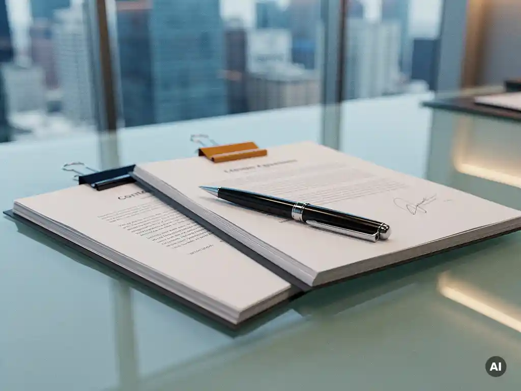 Drie formele contractdocumenten op een glazen bureau met een pen, stadsgezicht op de achtergrond, zakelijke kantooromgeving.
