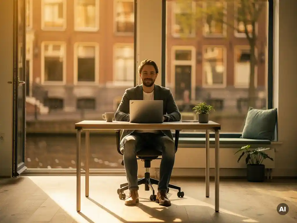 Freelance medewerker aan minimalistisch bureau in Amsterdams grachtenpand met terracotta bakstenen muren en gouden ochtendlicht.