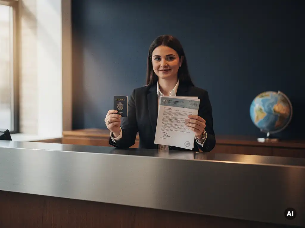 Professional houdt paspoort en werkdocumenten vast aan receptiebalie, globe op achtergrond, warm kantoorlicht.