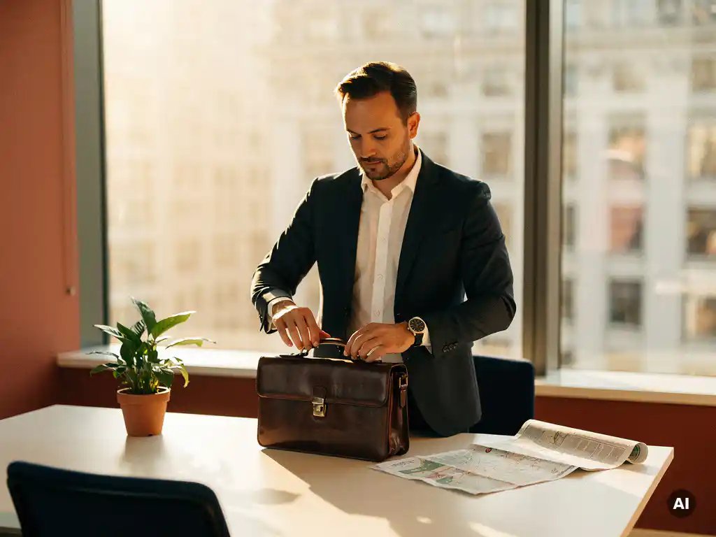 Professional opent leren aktetas aan minimalistisch bureau in zonnig buitenlands kantoor, met stadskaart en kamerplant.